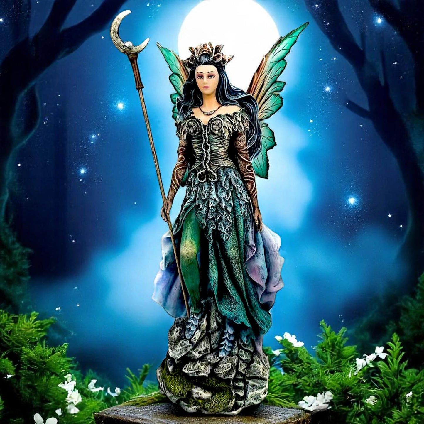 Fantasy Night Spirit Fairy Statue Gothic Moon Sorceress Enchanted Figurine Statue