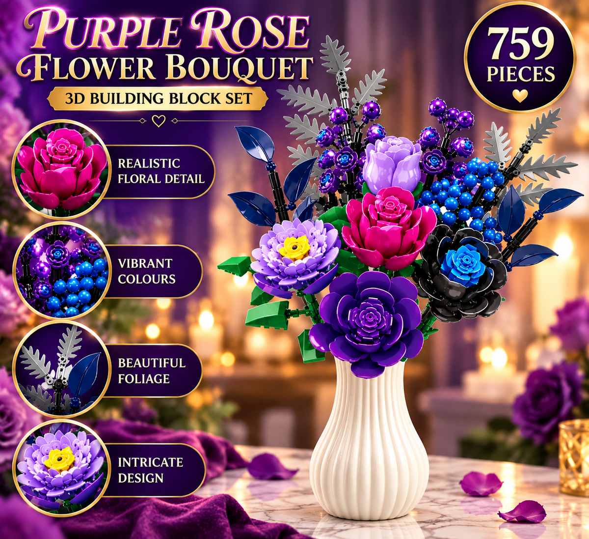 3D Purple Rose Flower Bouquet Building Blocks 759pc Botanical Construction Set