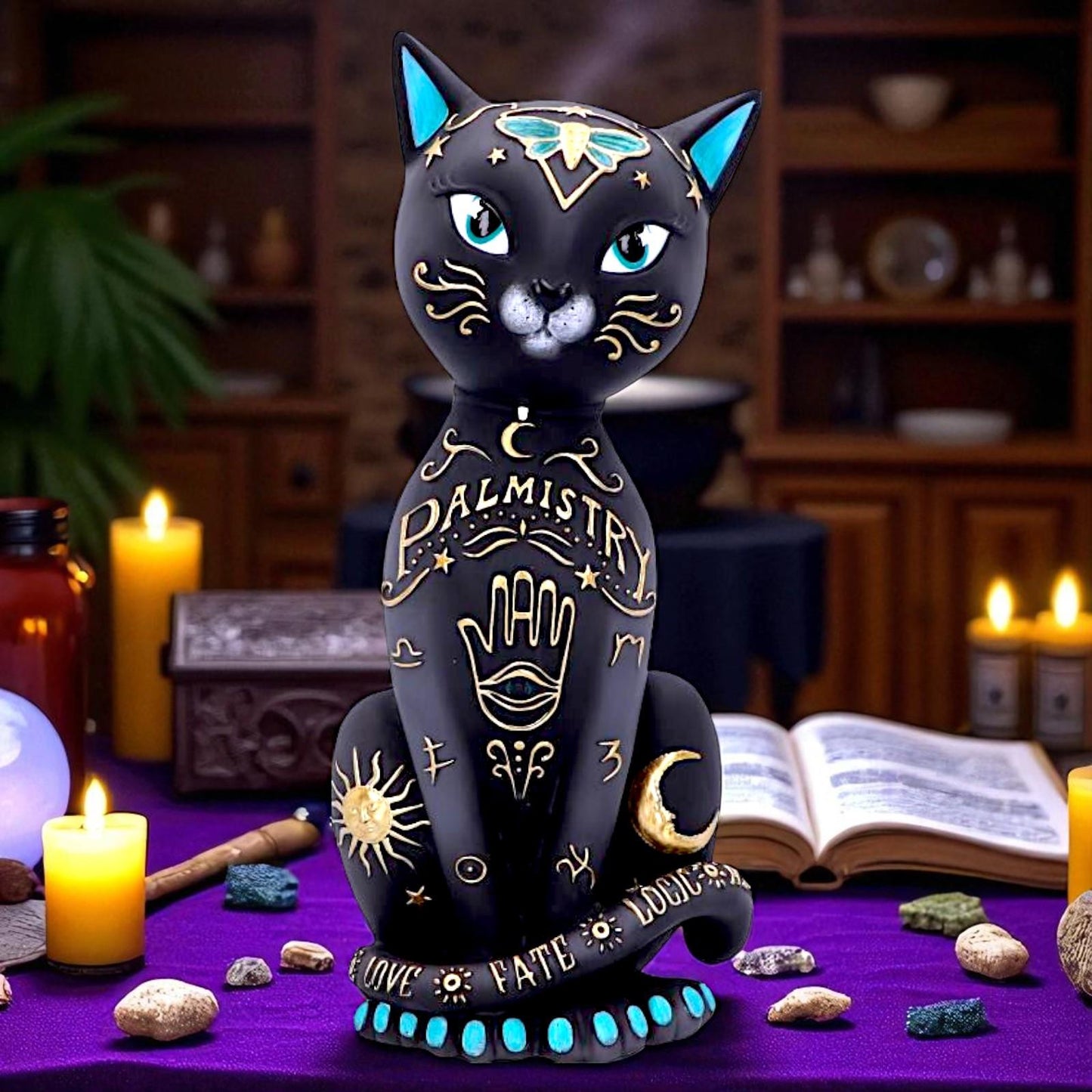 Gothic Palmistry Cat Statue Wiccan Mystical Figurine Astrology Witch Home Decor