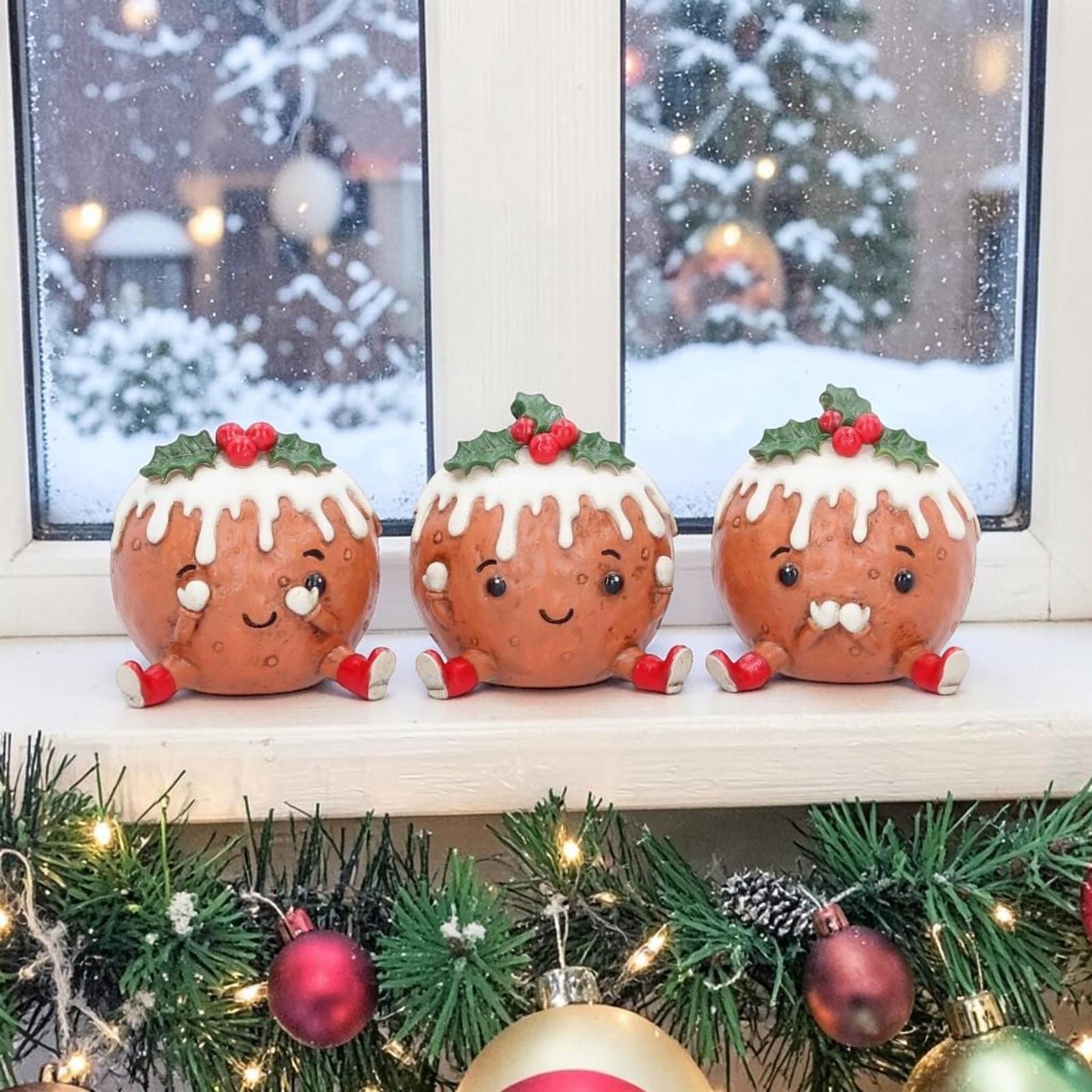 Christmas Pudding Figurine Set 3 See Hear Speak No Evil Cute Festive Shelf Decor