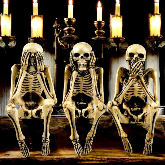 Three Wise Skeleton Figurines | Gothic See No Evil, Hear No Evil, Speak No Evil Decor