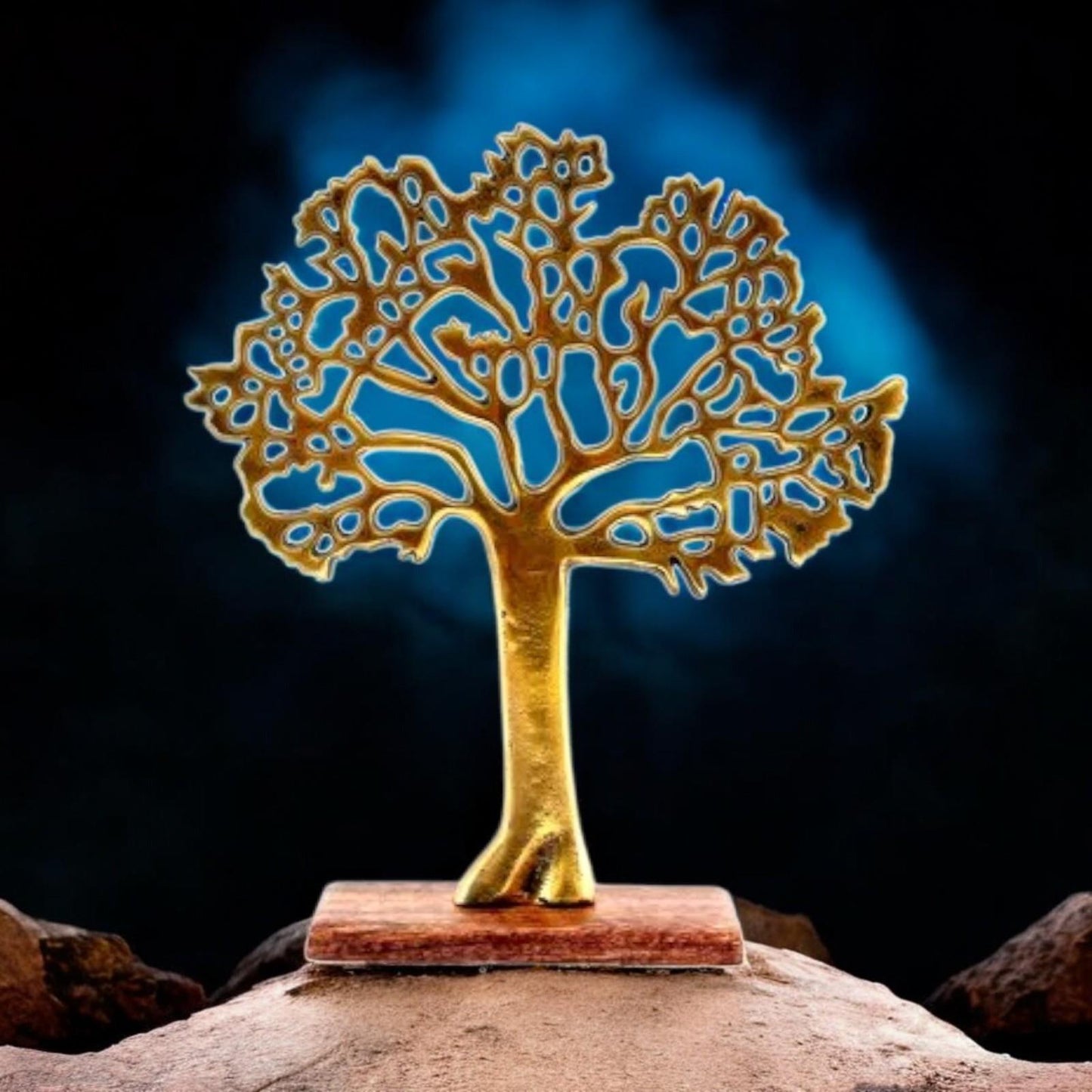 Gold Metal Tree Ornament - Decorative Tree of Life with Wooden Stand, Modern Decor