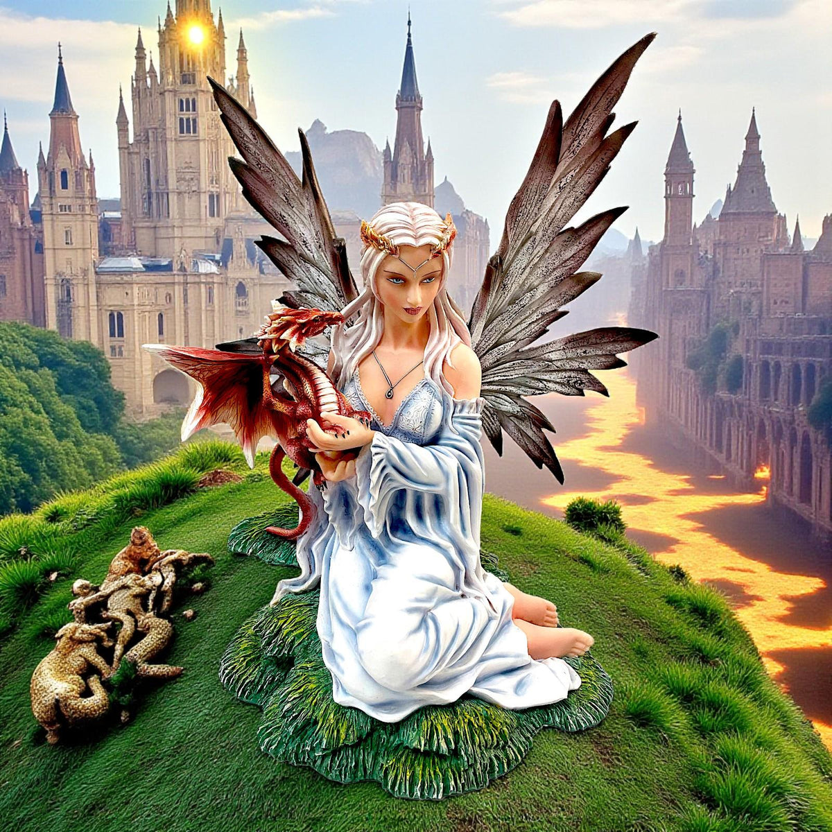 Fantasy Fairy Holding Dragon Figurine Gothic Ornament Mythical Creature Decor