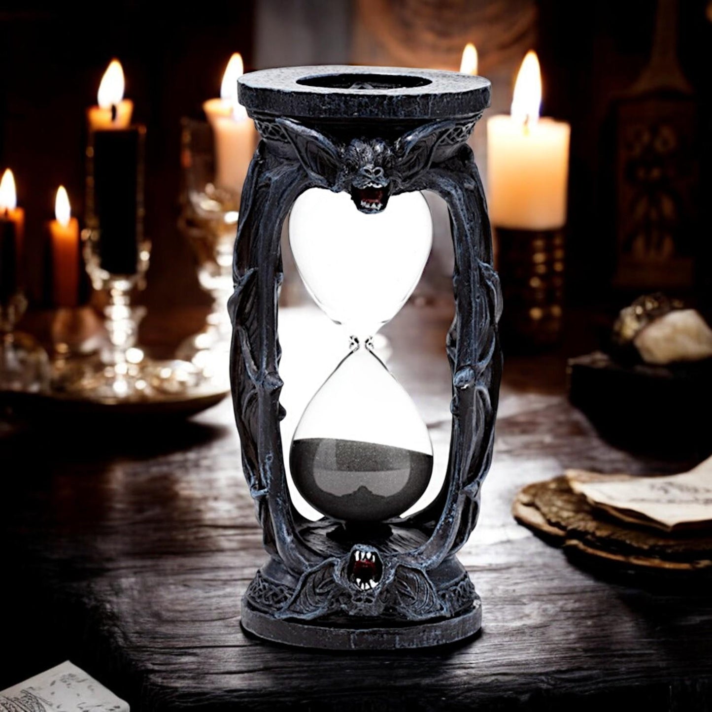 Gothic Vampire Bats Sand Timer Hourglass Fantasy Altar Decor Resin Ornament 19cm