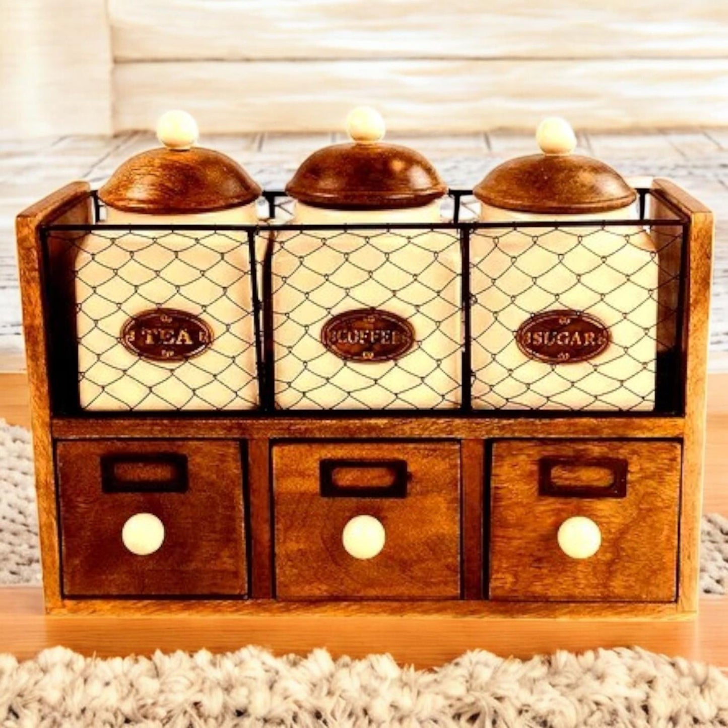 Rustic Wooden Tea Coffee Sugar Storage Rack with Ceramic Jars and Drawers - Wall Mountable