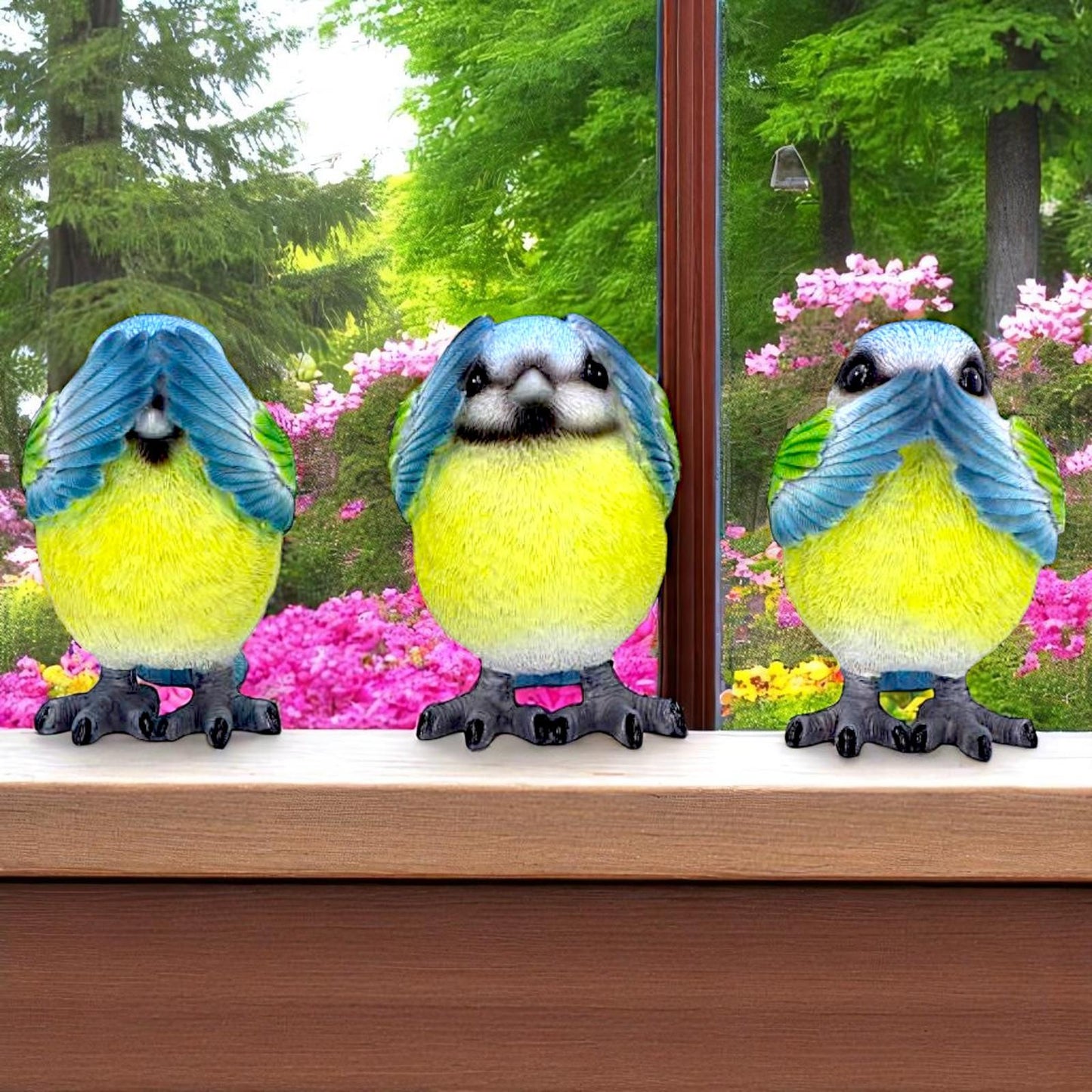 Three Wise Blue Tit Bird Figurines See No, Hear No, Speak No Evil Set Ornaments