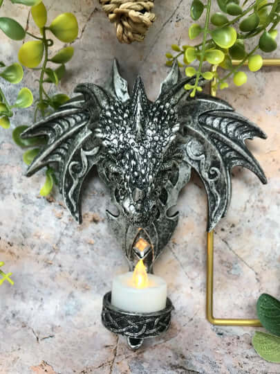 Novelty Gothic Dragon Head Candle Holder with LED Light Candle Wall Plaque Fantasy Art