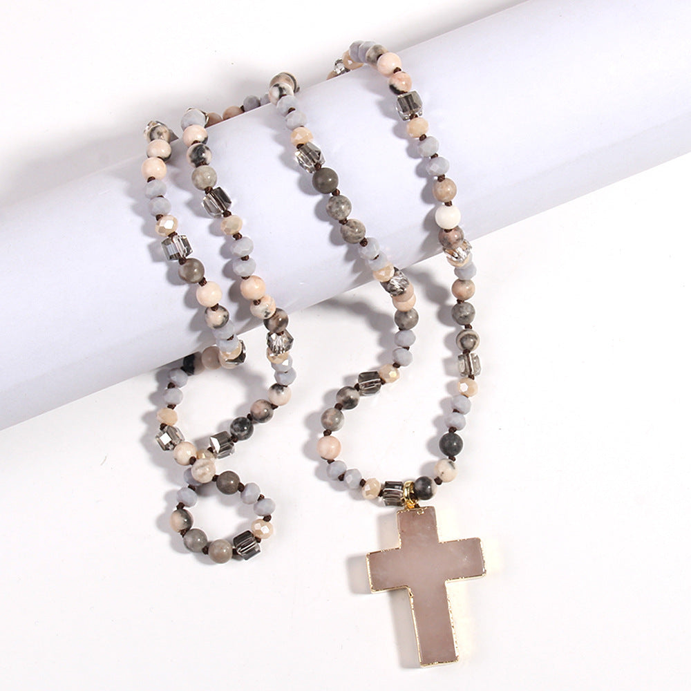 Fashion Bohemian Style Natural Stone Mixed Glass Cross Sweater Chain