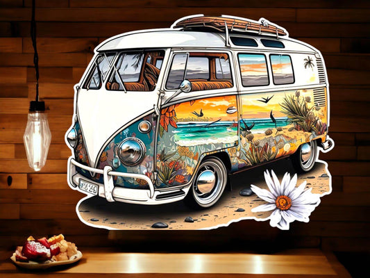 Retro Beach Scene Camper Van Metal Wall Sign, 46x37cm – Vintage Surf Style Art, Classic Hippie Van Decor for Home and Office-Osiris Craftworks