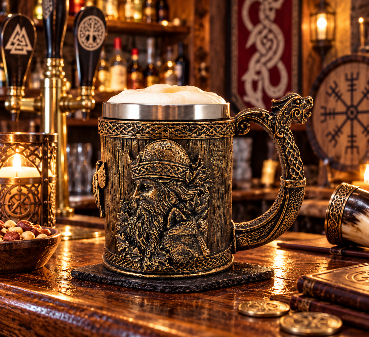 Norse Viking Tankard Warrior Wolf Celtic Dragon Handle Beer Mug Medieval Decor
