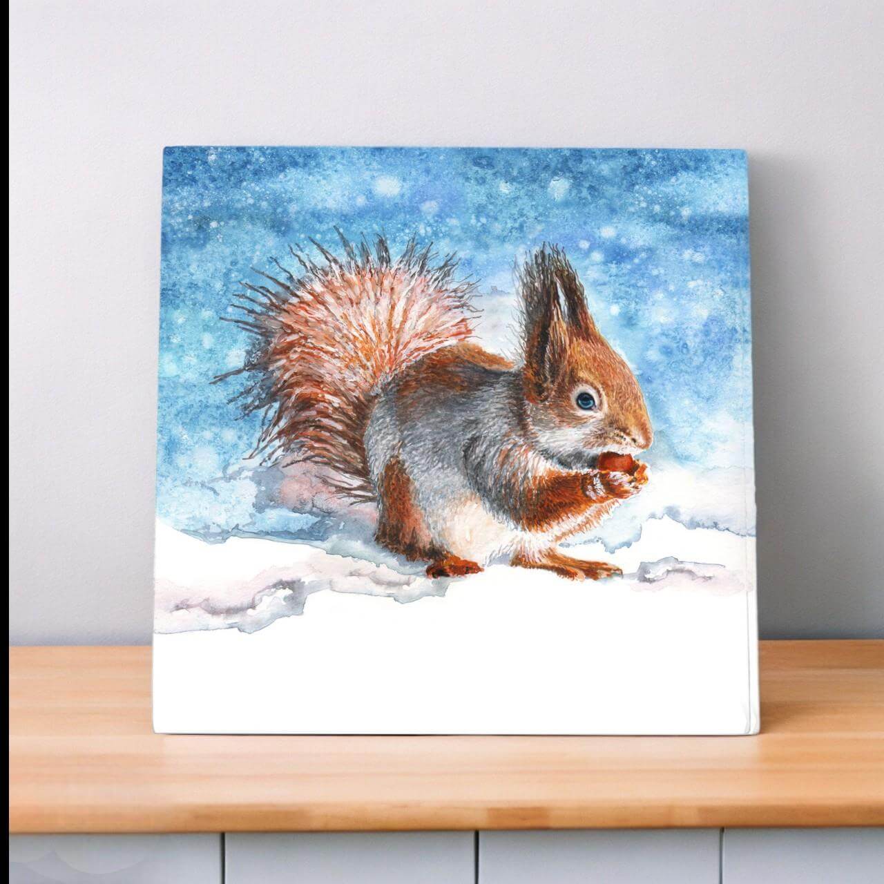 Enchanting Winter Squirrel Ceramic Picture Tile S. Jones Art 200 x 200 mm Wall Decor Adorable Squirrel Artwork Nature Lover Gift Winter Wonderland Tile