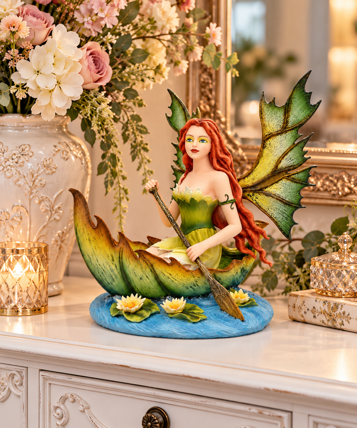 Fairy in Leaf Boat Ornament Flower Water Lily Woodland Fantasy Figurine 20.5cm