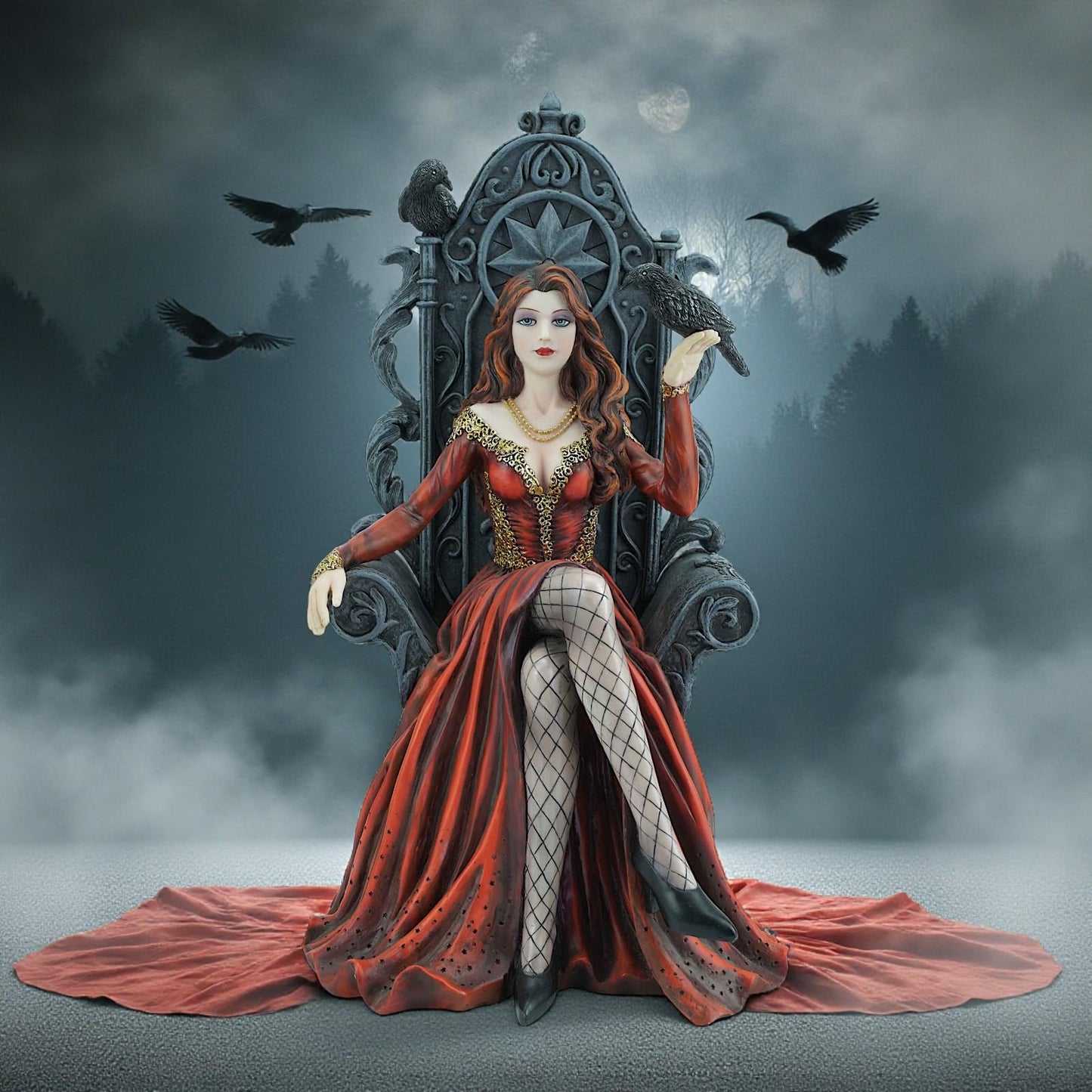 Gothic Raven Queen Figurine Fantasy Lady on Throne Resin Statue 30cm Ornament