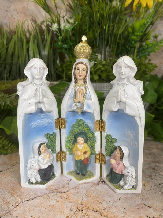 Exquisite Our Lady of Fatima Triptych Handcrafted Resin Masterpiece