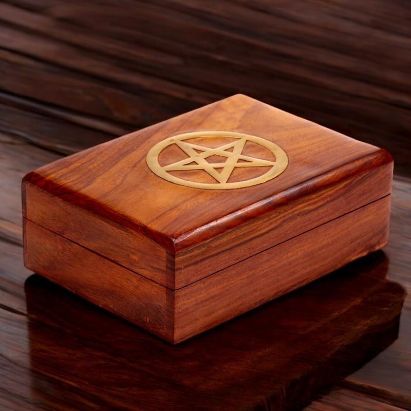 Sheesham Wood Pentagram Jewellery Box Pagan Witchcraft Altar Storage Chest 17.5cm