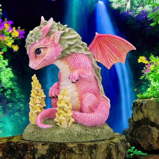 Adorable Pink Dragon Figurine Collectable Statue Floral Accents Ornament