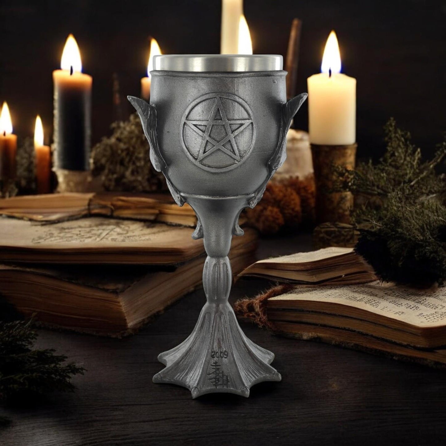 Gothic Bat Chalice Goblet with Pentagram, Designed by Tina Tarrant - Resin & Stainless Steel 20cm