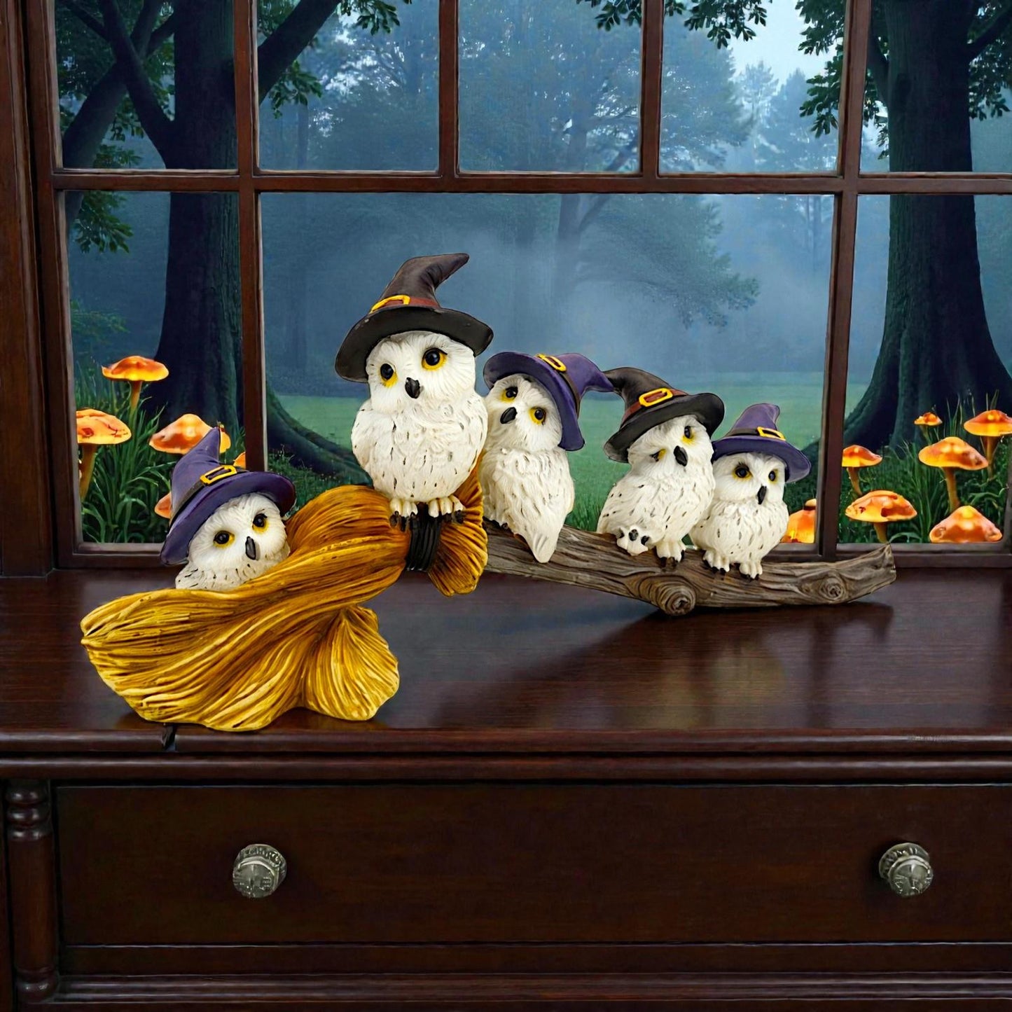 Cute Witch Owls Sitting On Broom Statue Gothic Halloween Fantasy Ornament