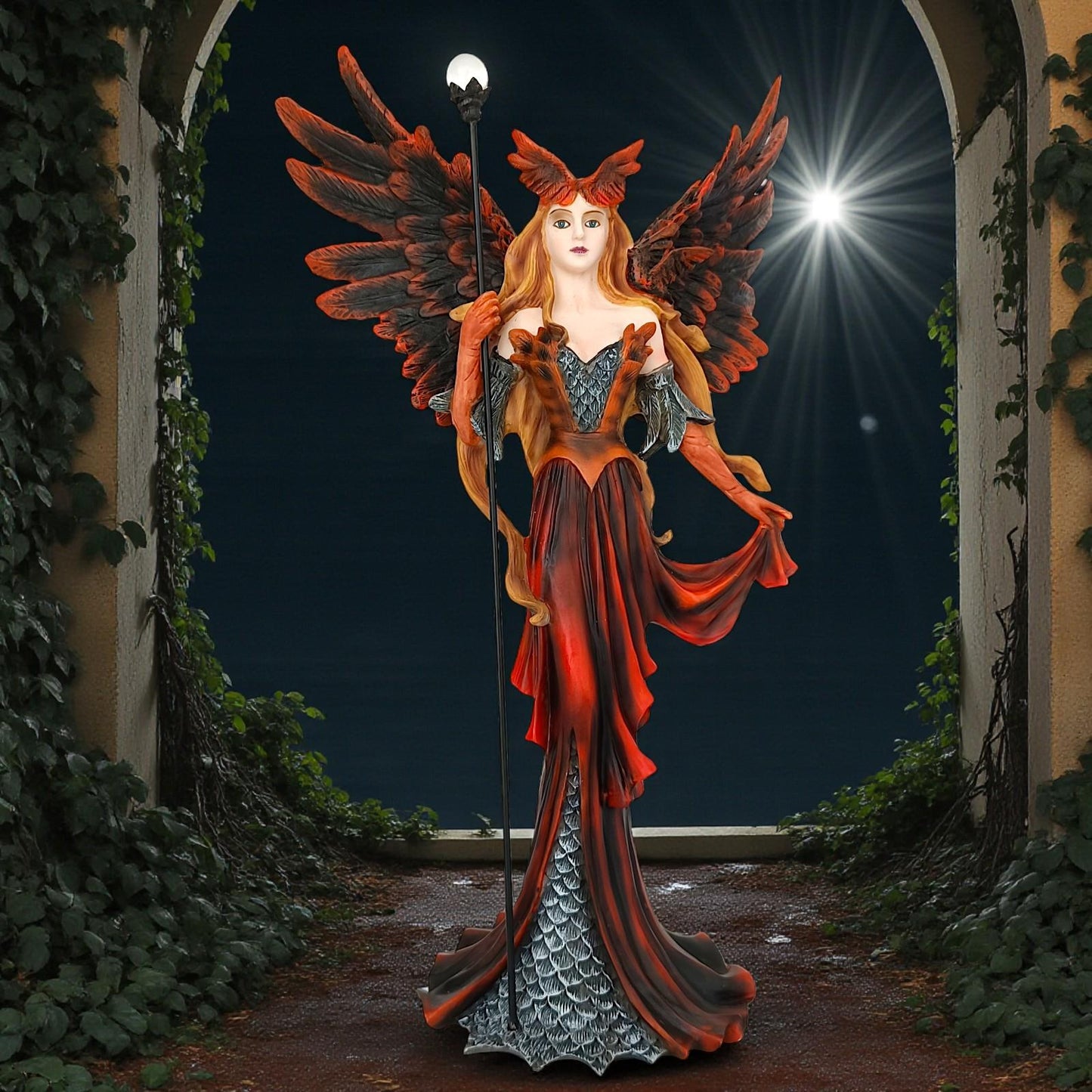 Fiery Fairy with Crystal Staff Red Winged Gothic Fantasy Figurine Collectible statue