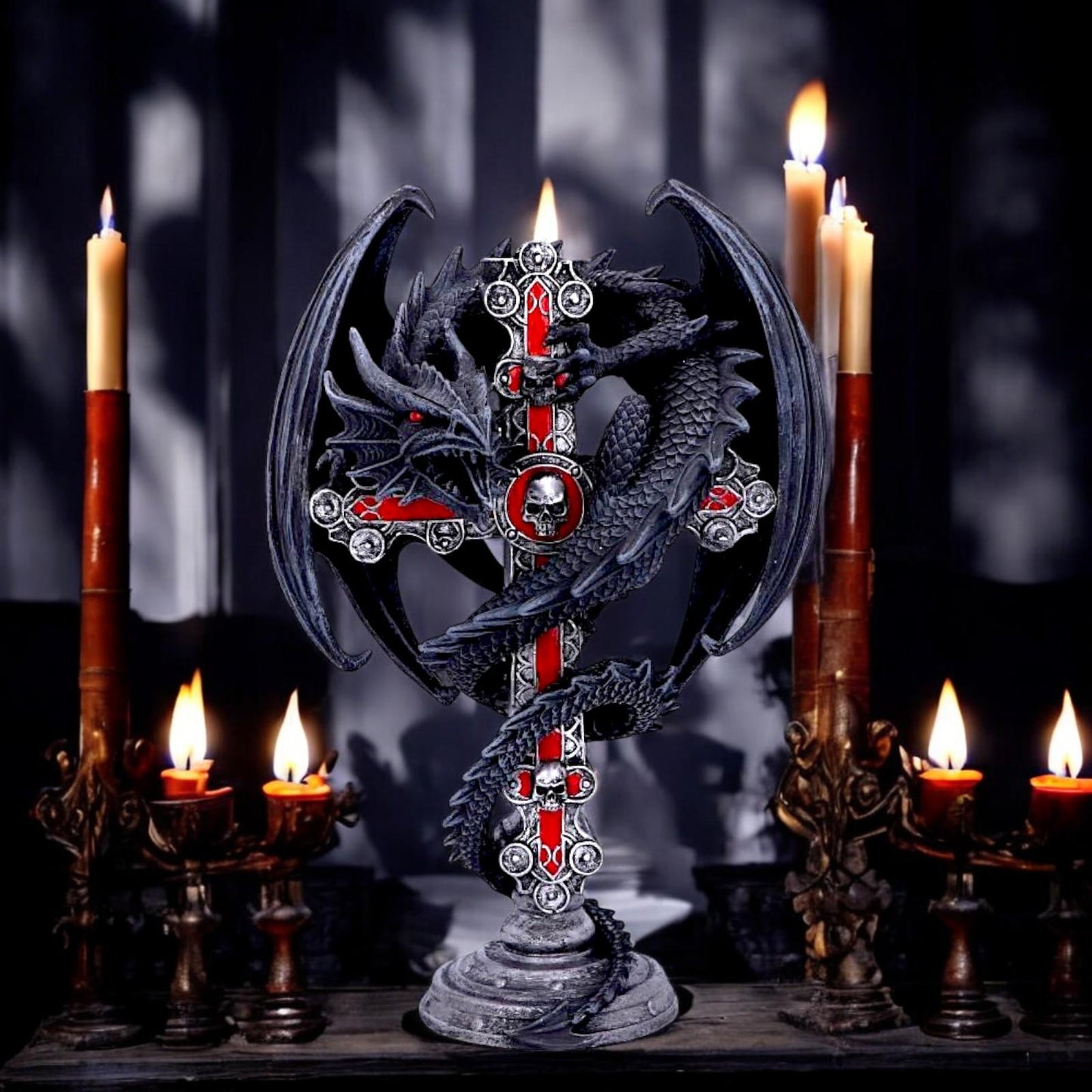 Anne Stokes Gothic Guardian Dragon Cross Candle Holder 26.5cm - Gothic Decor