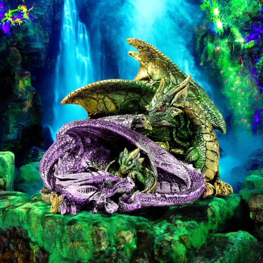 Majestic Dragon Family Figurine - Green & Purple Resin Statue Fantasy Decor