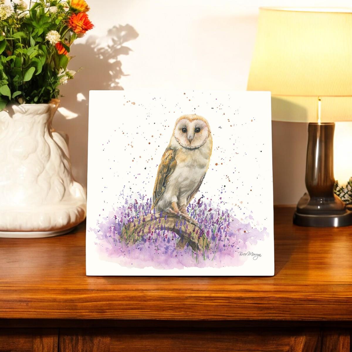 OLIVIA Owl Ceramic Art Tile by Bree Merryn – 20x20 cm Ready to Hang – Nature-Inspired Decor with Lavender Theme