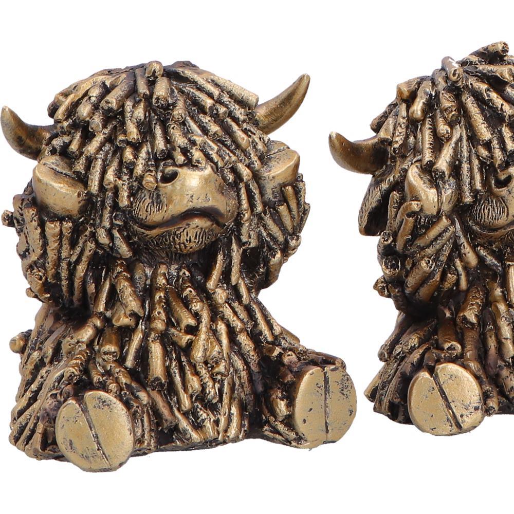 Three Wise Highland Cow Figurines Gold Farm Animal See Hear Speak Set