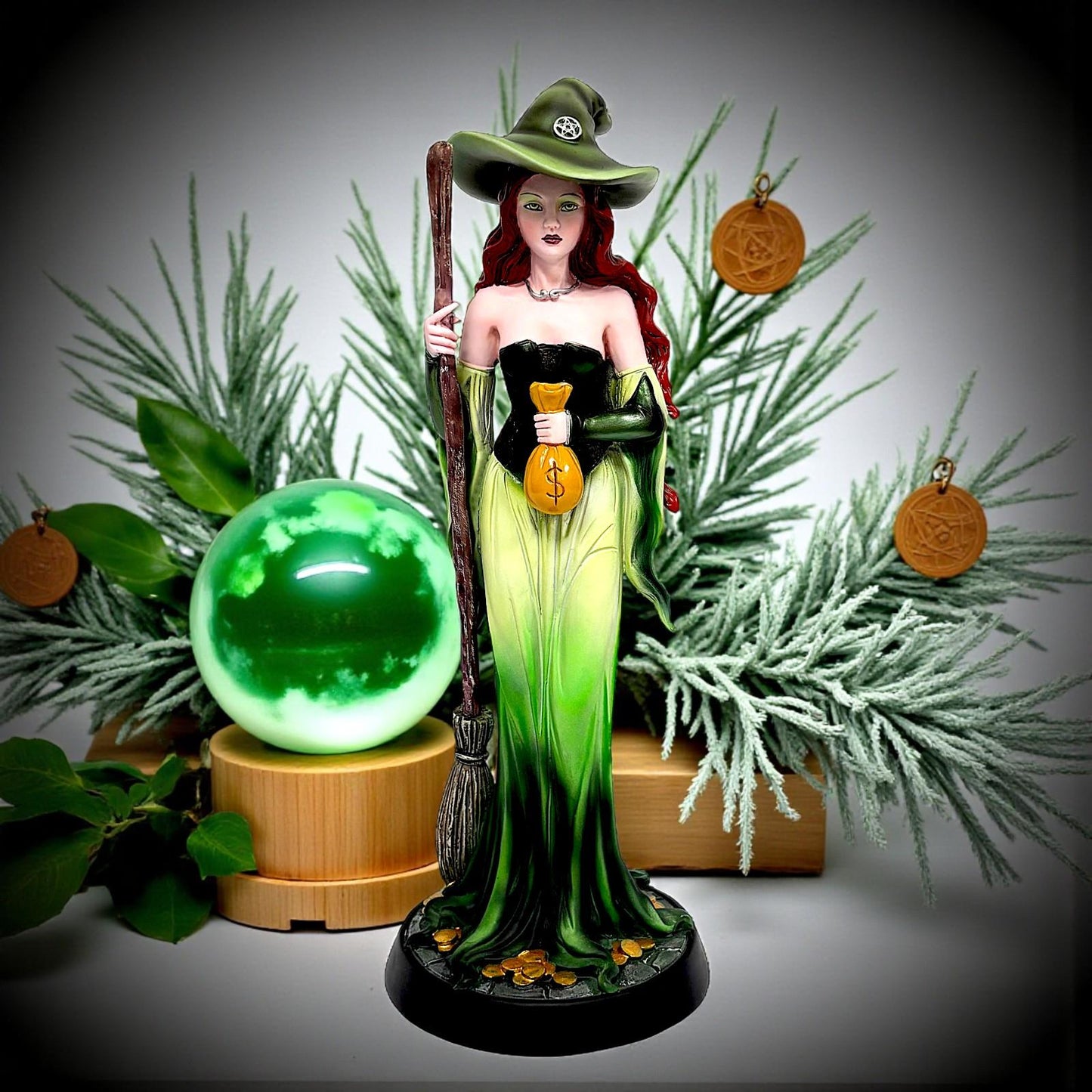 Prosperity Fantasy Witch Figurine with Broom and Gold Bag Gothic Wiccan Statue