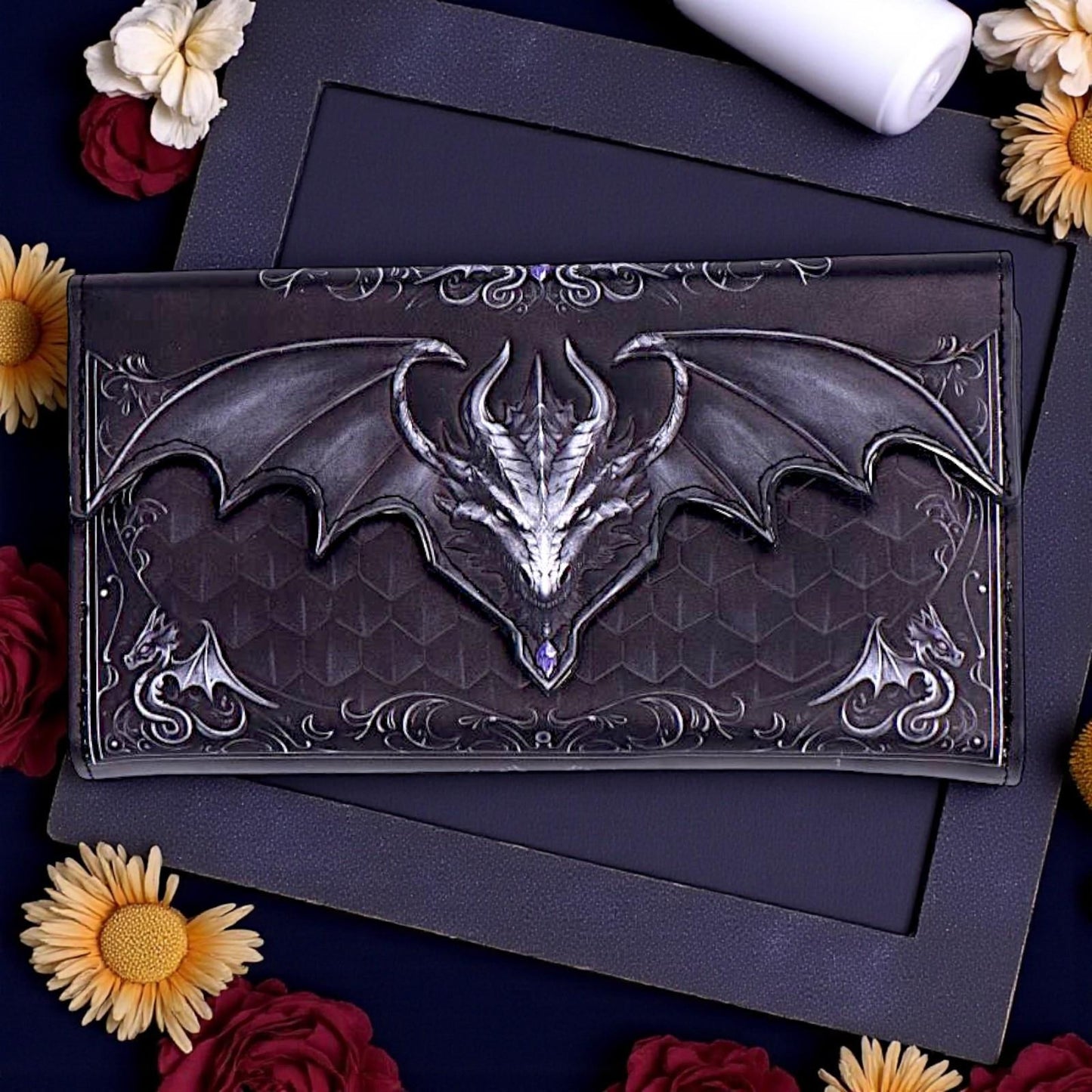 Dark Dragon Scale Purse Gothic Wallet Fantasy Gift Mythical Embossed Accessory