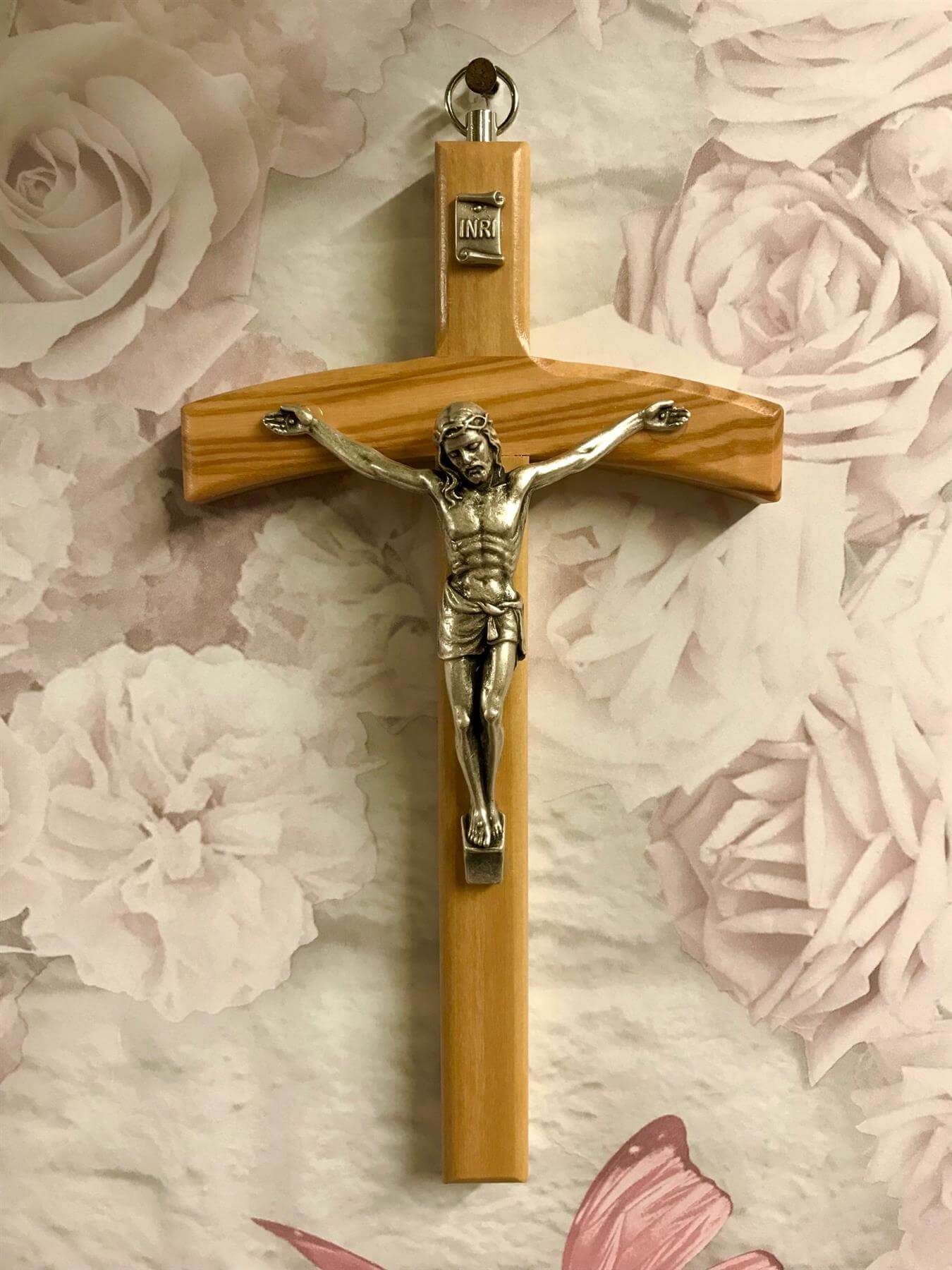 Olive Wood Crucifix Hanging Wall Cross Silver Metal Corpus Christi Jesus Christ Religious 15 cm-Osiris Craftworks