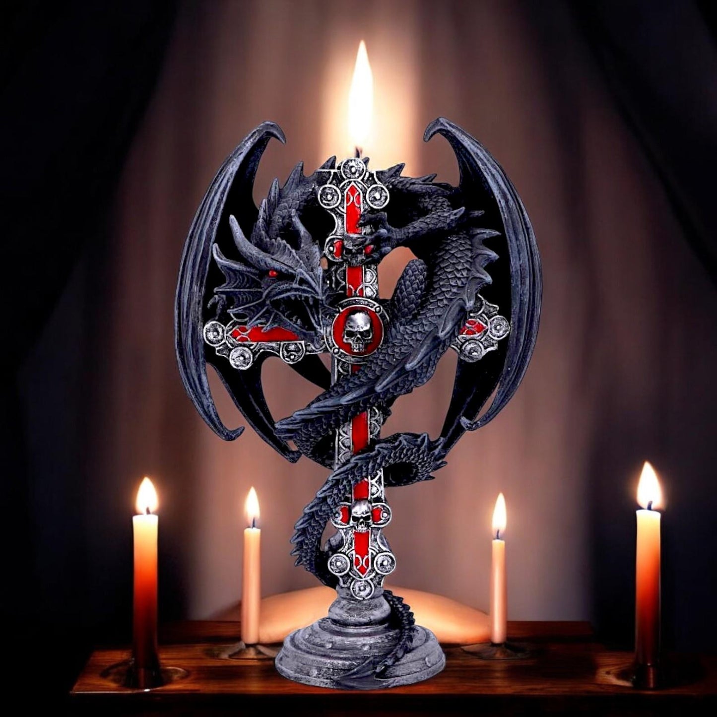 Anne Stokes Gothic Guardian Dragon Cross Candle Holder 26.5cm - Gothic Decor