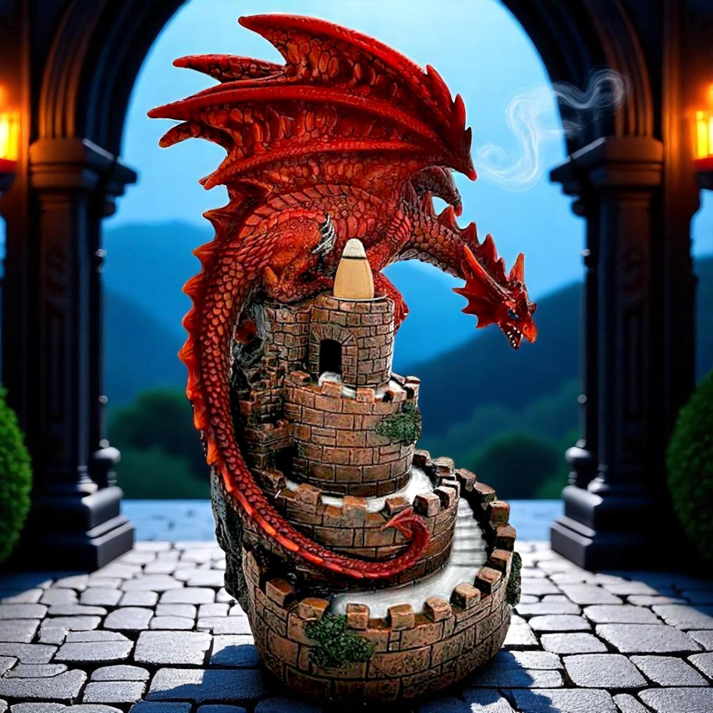 Fire Dragon Tower Burner Backflow Incense Holder Fantasy Gothic Statue Decor