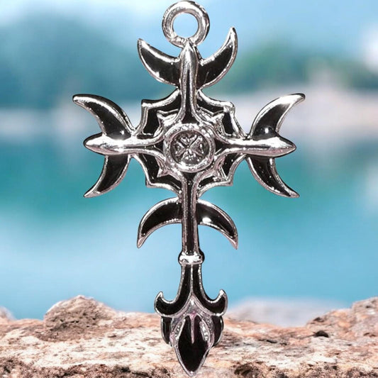 Gothic Moon Cross Pendant - Arcane Symbol of King Zagan, Wit and Wisdom Talisman, Pewter Necklace with Gift Box