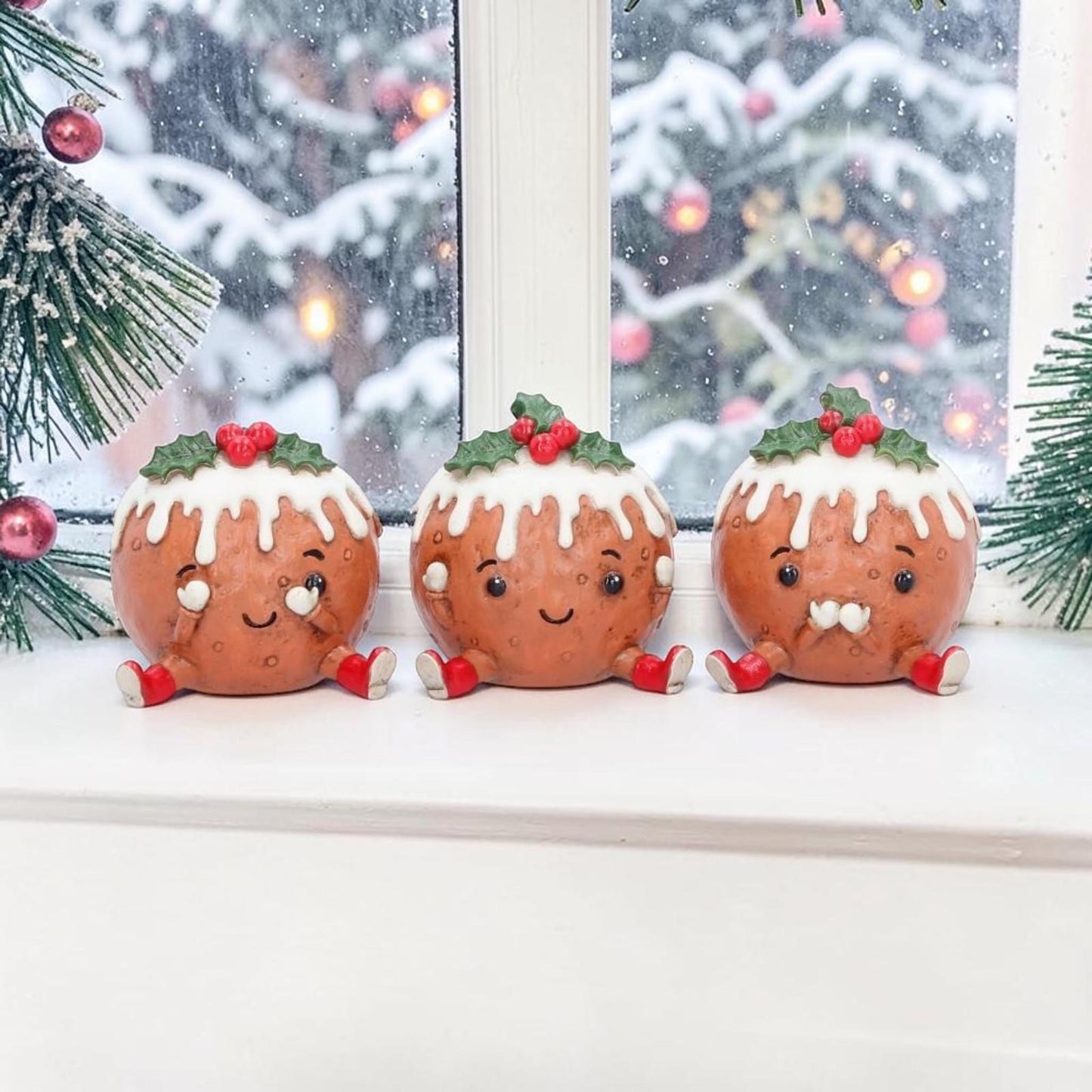 Christmas Pudding Figurine Set 3 See Hear Speak No Evil Cute Festive Shelf Decor