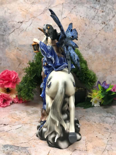 Blue Winter Fairy Riding Unicorn Display Figurine Statue Ornament