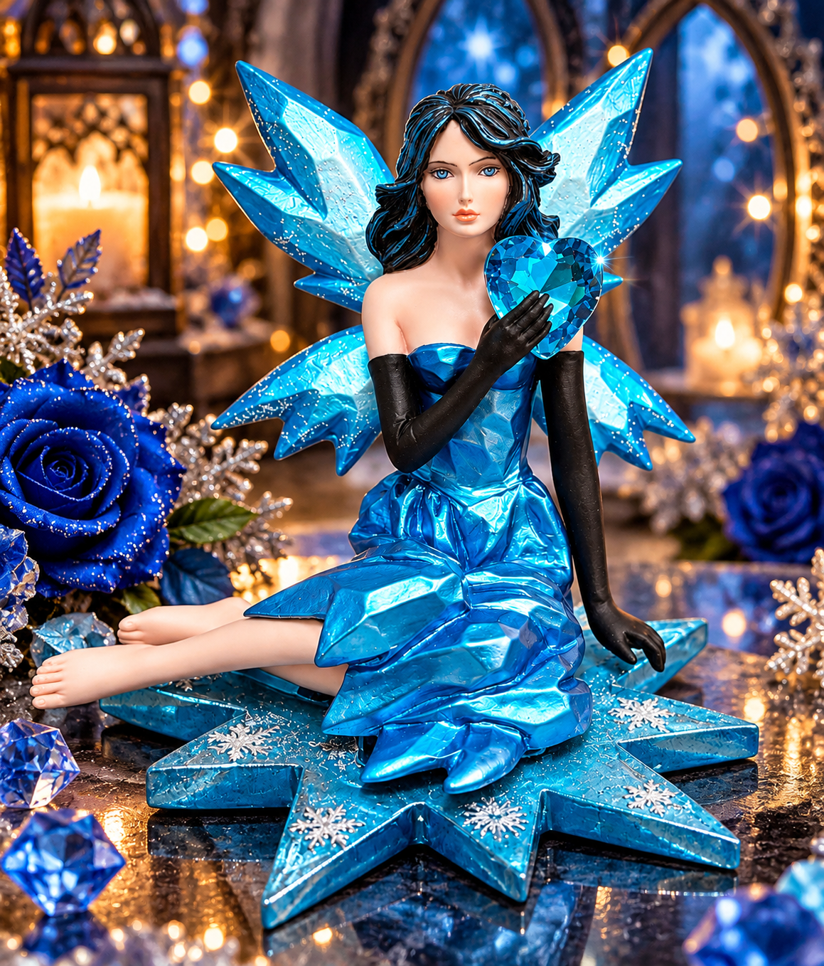 Blue Fairy Figurine Sapphire Heart Seated Fantasy Ornament Gothic Fairy Decor