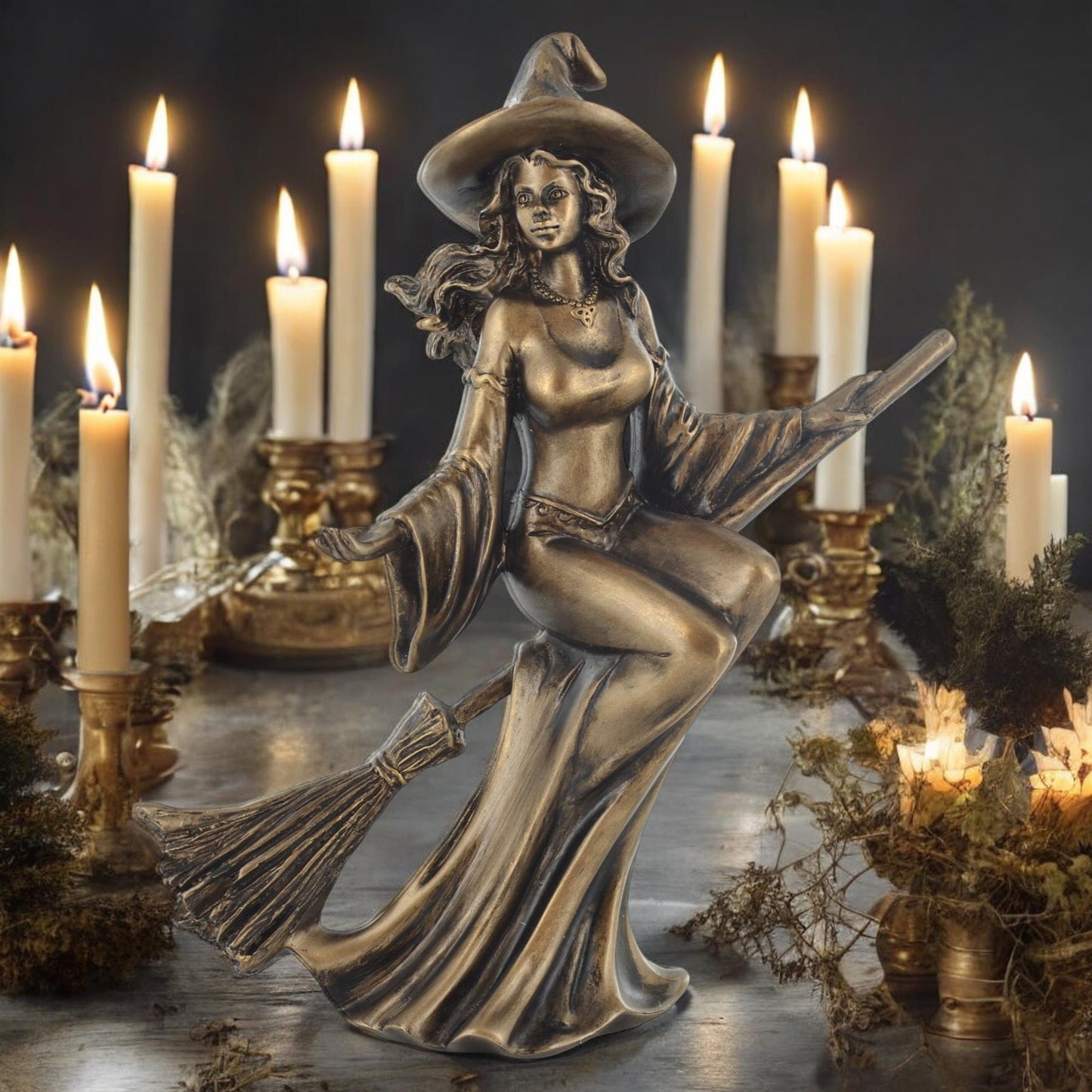 Enchanting Bronze Witch Figurine on Broomstick | Magical Resin Statue | Mystical Decor