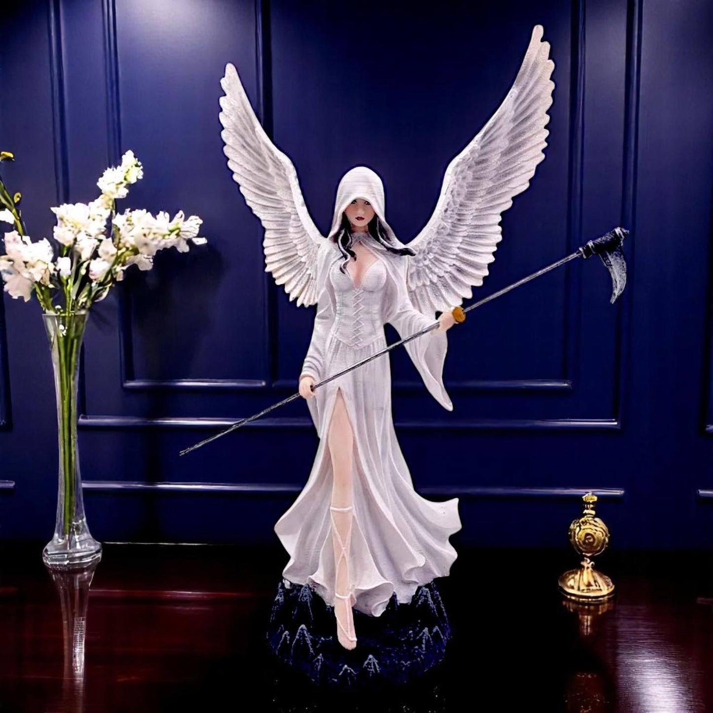 Gothic Hooded Angel Figurine + Scythe Statue Reaper Ethereal Guardian Figurine
