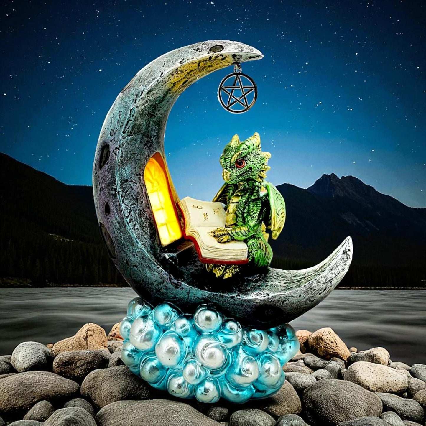 Mystical Green Dragon on Crescent Moon – LED Figurine Gothic Fantasy Decor