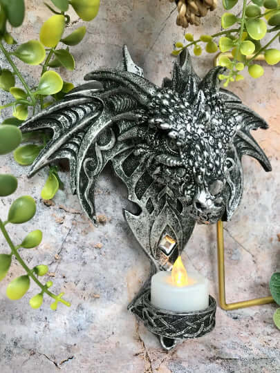 Novelty Gothic Dragon Head Candle Holder with LED Light Candle Wall Plaque Fantasy Art