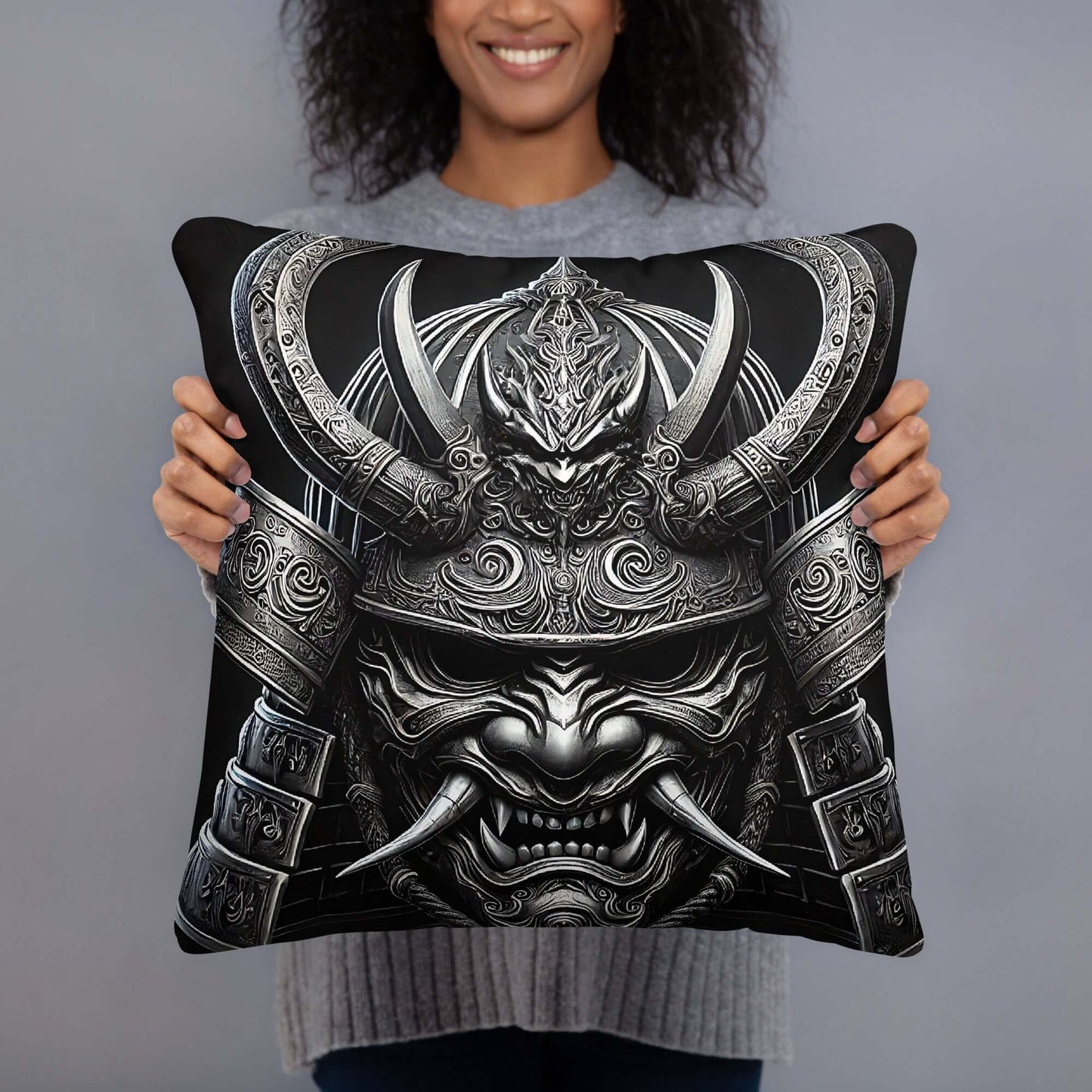 Kabuto Samurai Warrior Cushion – Bold Japanese Armor Design (18" x 18")