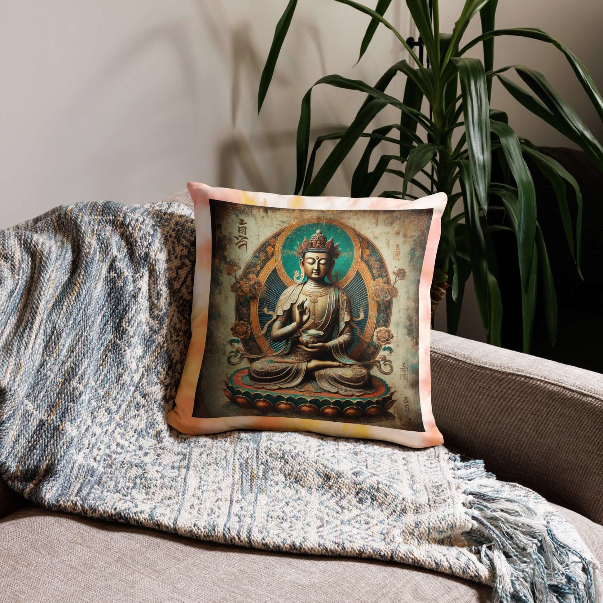 Medicine Buddha Cushion – Antique-Style Tibetan Healing Deity, 18" x 18", Spiritual Home DecorEnhance your space with this 18" x 18" Buddha cushion featuring an antique-style Medicine Buddha, symbolizing wellness and spiritual energy.Osiris Craftworks