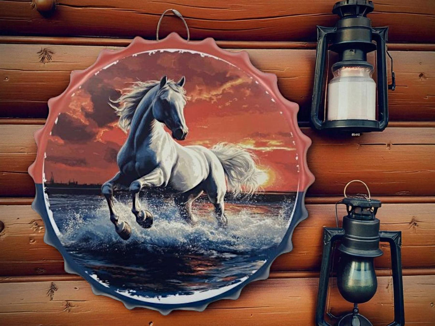 Horse at Sunset Metal Wall Plaque – Galloping Stallion Ocean Scene Bottle Cap Art 40cm