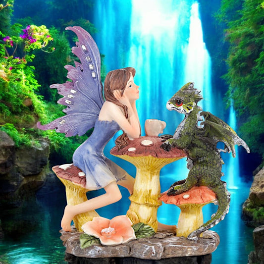 Enchanting Fairy with Dragon Companion Figurine - Fantasy Toadstool Ornament