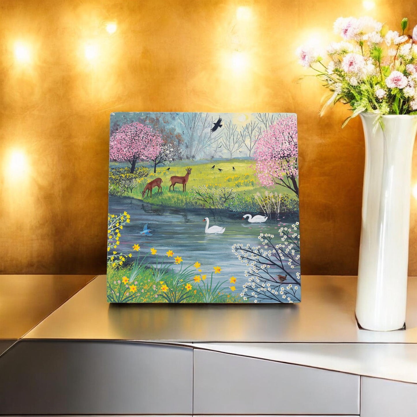 Spring River Ceramic Art Tile by Jo Grundy 20x20 cm - Beautiful Nature Scene Wall Art Ready to Hang