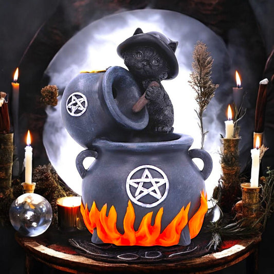 Familiar Brew Backflow Incense Burner 18cm - Black Cat Pentacle Cauldron Design