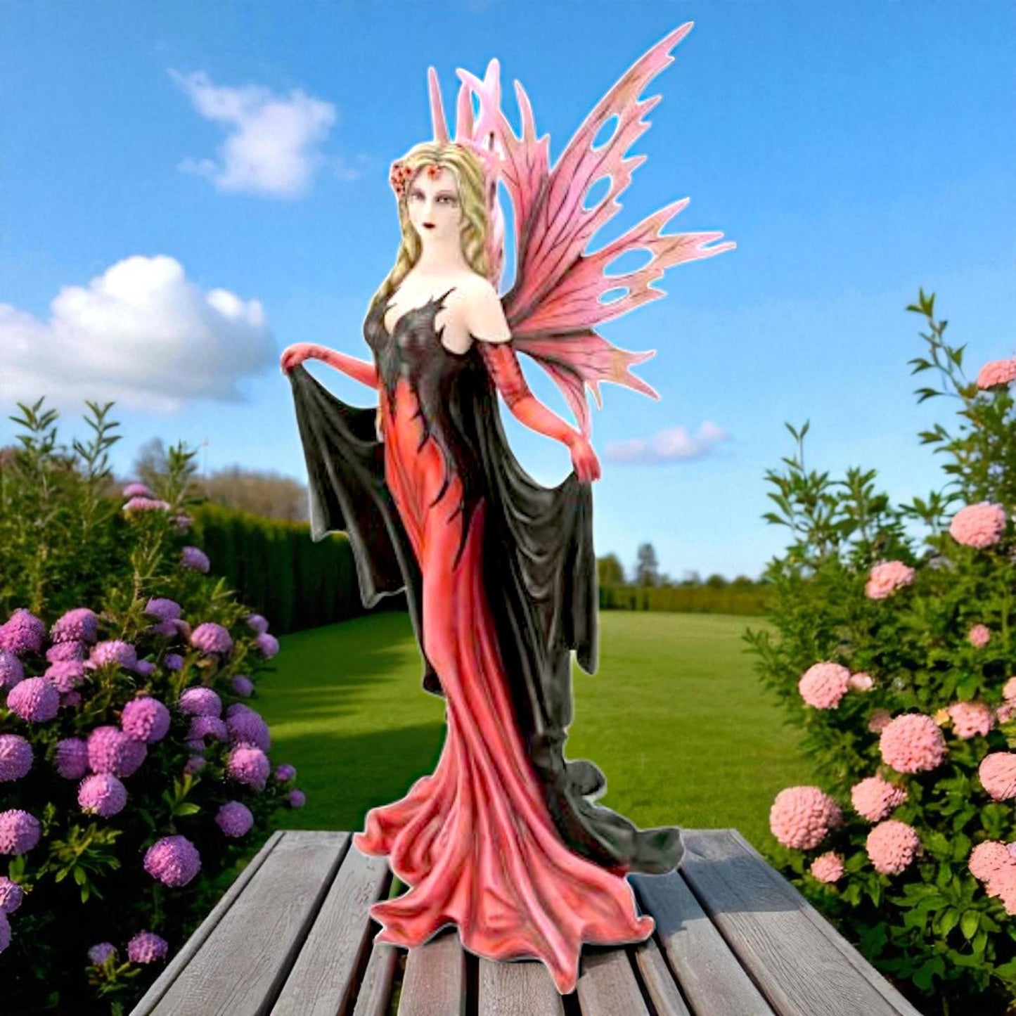 Gothic Fairy Figurine Pink Black Enchanted Wings Ornament Fantasy Resin Statue 55cm