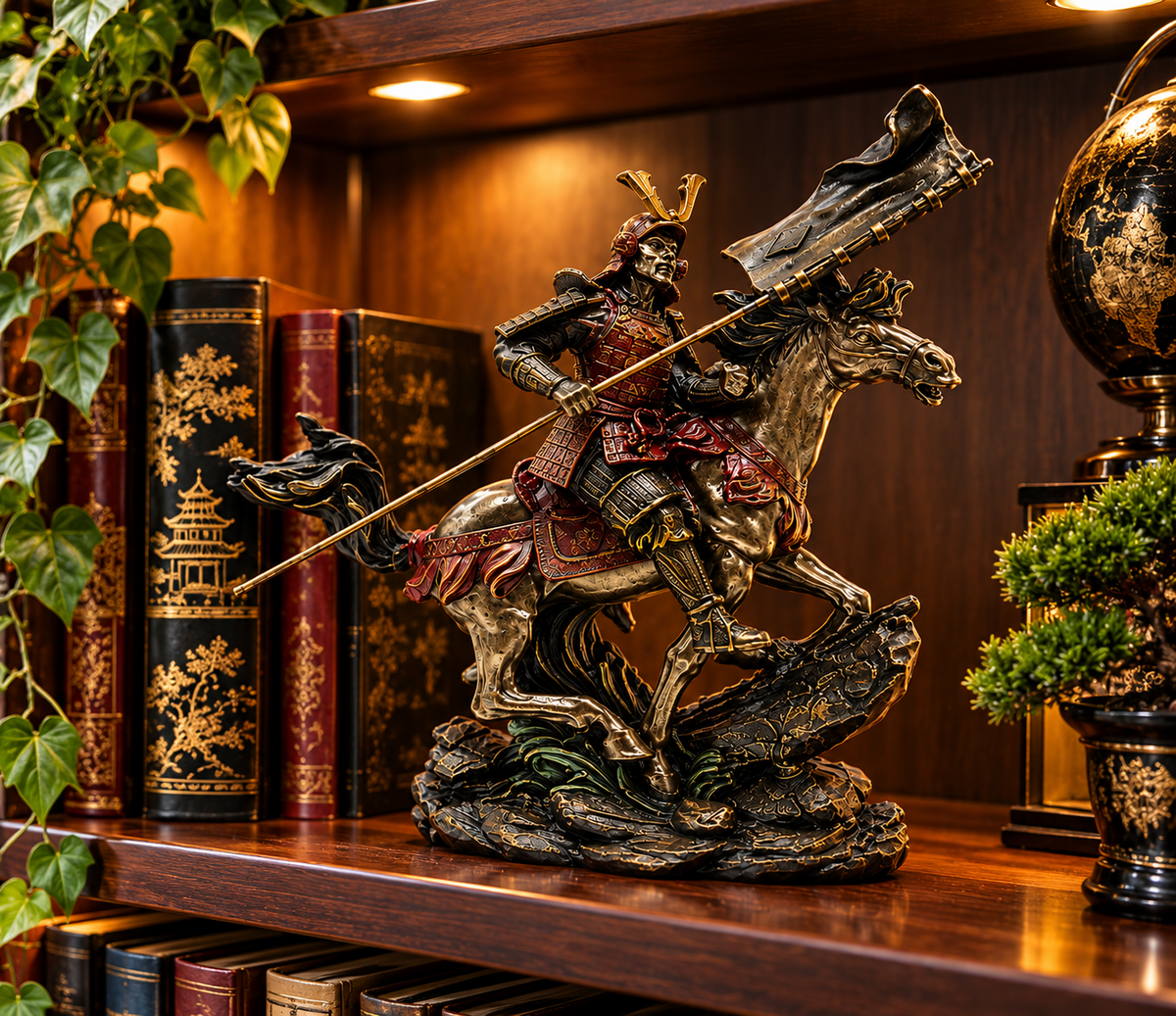 Japanese Samurai Horse Rider Figurine Oriental Bronze Effect Statue Ornament