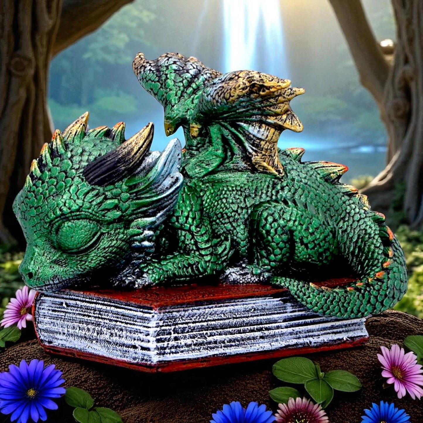 Fantasy Sleeping Dragon Ornament Gothic Creature Figurine on Magic Spell Book