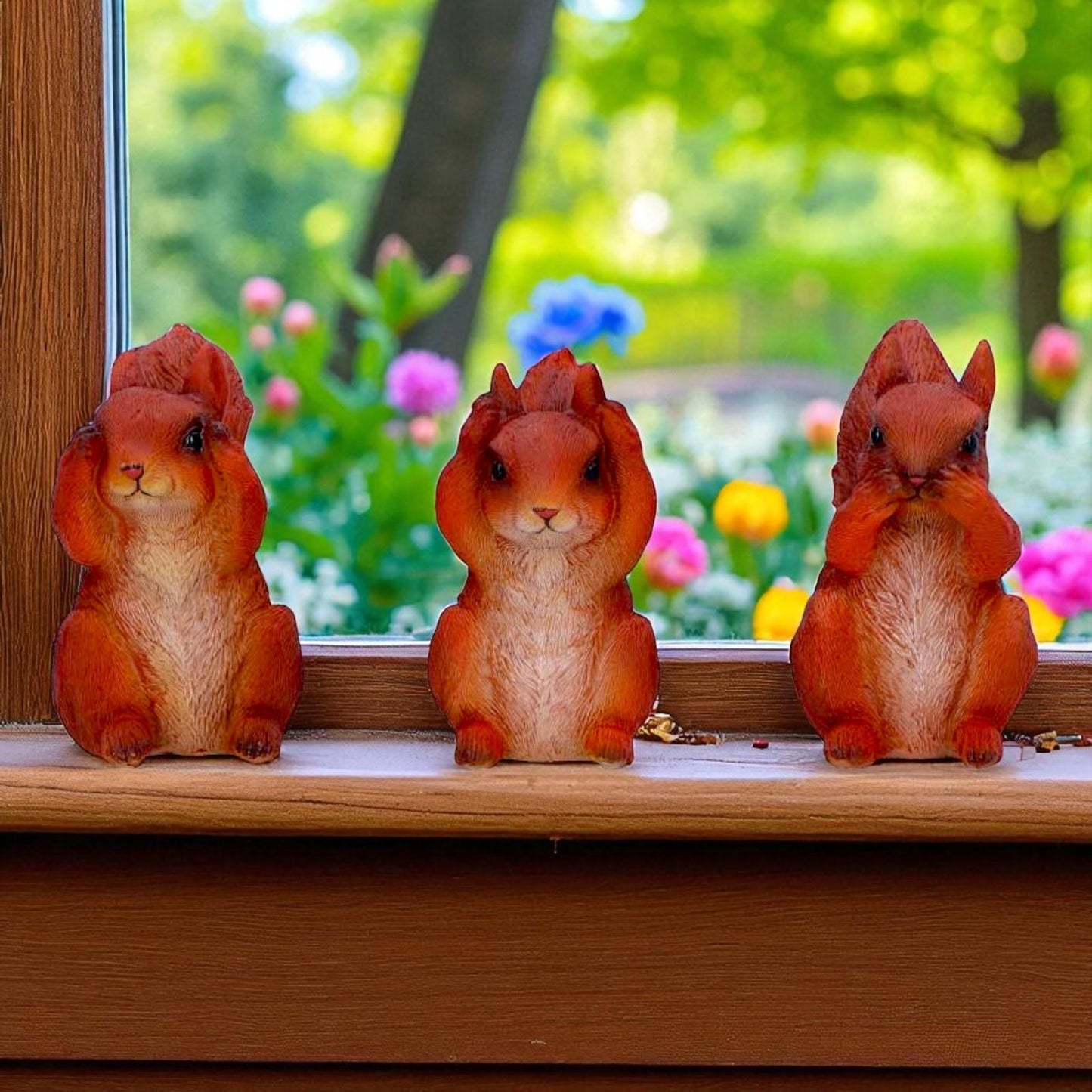 Three Wise Squirrel Figurines Hear See Speak No Evil Woodland Animal Statue